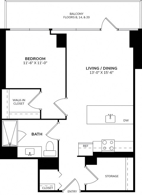 A black and white image of a floor plan for a BALCONY FLOORS 8, 14, and 20.